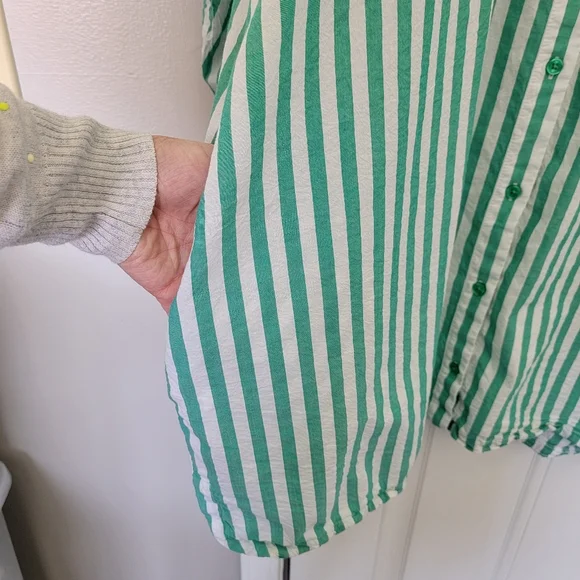 Joyspun Women's Green White Cabana Striped Sleep Shirt Swim Cover Up Pockets 3X - Picture 6 of 12